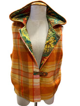 Load image into Gallery viewer, OOAK Upcycled Wool Orange Check Ladies Reversible Hooded Vest Lined Caladiums Gold Fabric - Size 8-12