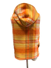 Load image into Gallery viewer, OOAK Upcycled Wool Orange Check Ladies Reversible Hooded Vest Lined Caladiums Gold Fabric - Size 8-12