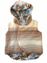 Load image into Gallery viewer, Mustard & Cream 100% Wool Reversible Hooded Vest Lined in Wild Animals