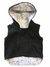 Load image into Gallery viewer, Charcoal Grey 100% Wool Reversible Hooded Vest Lined in Animal Outlines