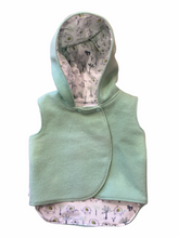 Load image into Gallery viewer, Mint Green 100% Wool Reversible Hooded Vest Lined in Elephants