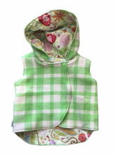 Load image into Gallery viewer, Lime Green Check 100% Wool Reversible Hooded Vest Lined in Pale Green Whimsical