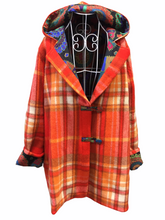 Load image into Gallery viewer, OOAK Upcycled Ladies Coat Orange Check 100% NZ Wool Lined 100% Cotton
