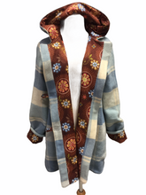 Load image into Gallery viewer, OOAK Upcycled Ladies Blue & Cream Check 100% NZ Wool Lined Brown Medallions 100% Cotton