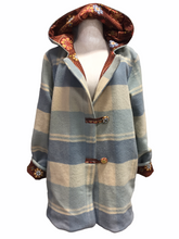 Load image into Gallery viewer, OOAK Upcycled Ladies Blue & Cream Check 100% NZ Wool Lined Brown Medallions 100% Cotton
