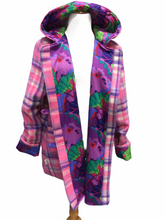 Load image into Gallery viewer, OOAK Upcycled Ladies Coat Pink & Purple Check 100% NZ Wool Lined Lotus Flowers 100% Cotton