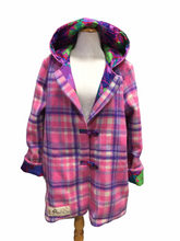 Load image into Gallery viewer, OOAK Upcycled Ladies Coat Pink & Purple Check 100% NZ Wool Lined Lotus Flowers 100% Cotton