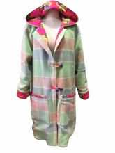 Load image into Gallery viewer, OOAK Upcycled Ladies 100% NZ Wool Coat Lined Bright Pink Roses 100% Cotton