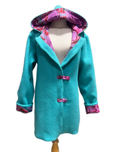 Load image into Gallery viewer, OOAK Upcycled Ladies Turquoise Coat 100% NZ Wool Lined 100% Cotton - MADE TO ORDER