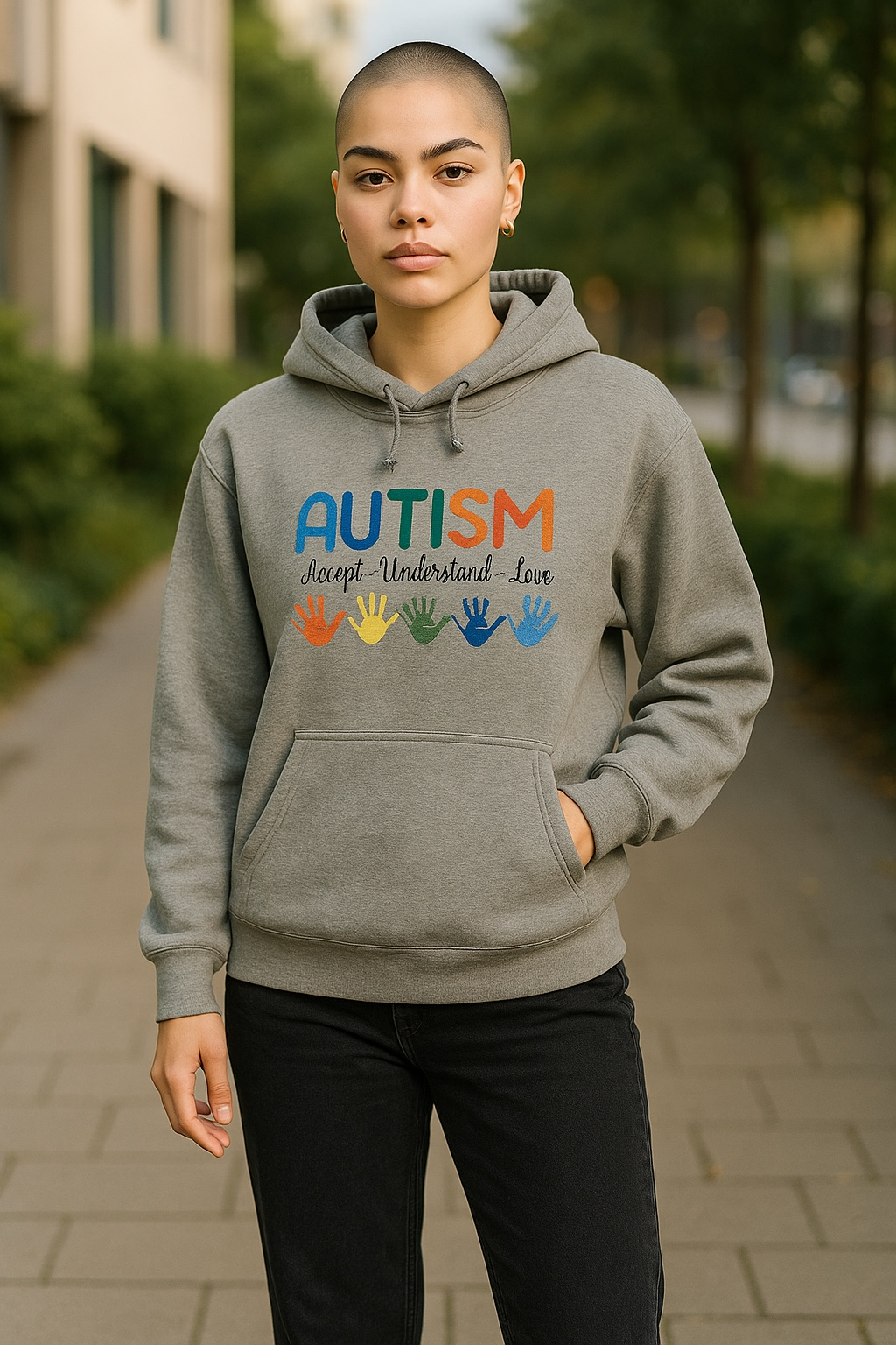 Adult Autism Awareness Accept Understand Love Hands Hoodie Available in Black or Grey