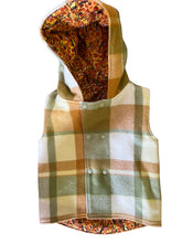 Load image into Gallery viewer, Green &amp; Mustard Check 100% Wool Reversible Hooded Long Fronted Vest Lined in Giraffes
