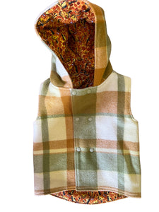 Green & Mustard Check 100% Wool Reversible Hooded Long Fronted Vest Lined in Giraffes