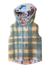 Load image into Gallery viewer, Blue Check 100% Wool Reversible Hooded Long Fronted Vest Lined in Multi Animals - Age 1
