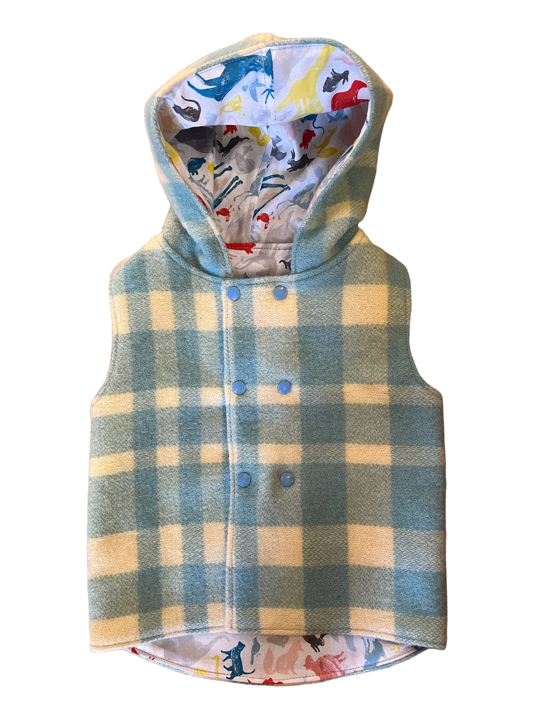 Blue Check 100% Wool Reversible Hooded Long Fronted Vest Lined in Multi Animals - Age 1