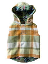 Load image into Gallery viewer, Green &amp; Mustard Check 100% Wool Reversible Hooded Long Fronted Vest Lined Tractor Time - Age 5
