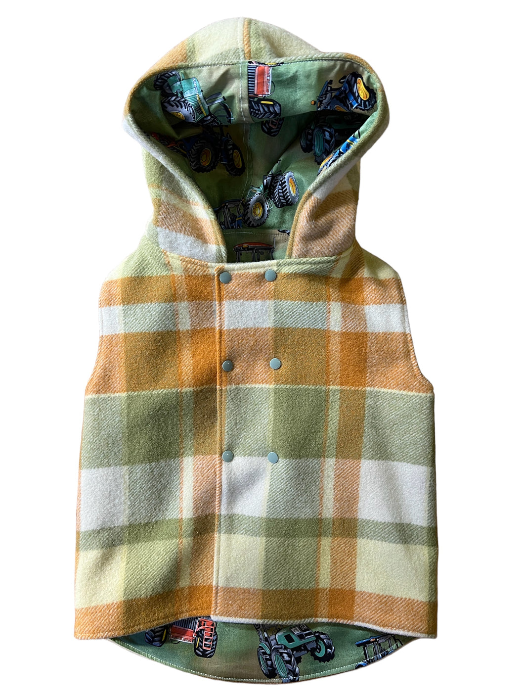 Green & Mustard Check 100% Wool Reversible Hooded Long Fronted Vest Lined Tractor Time - Age 5