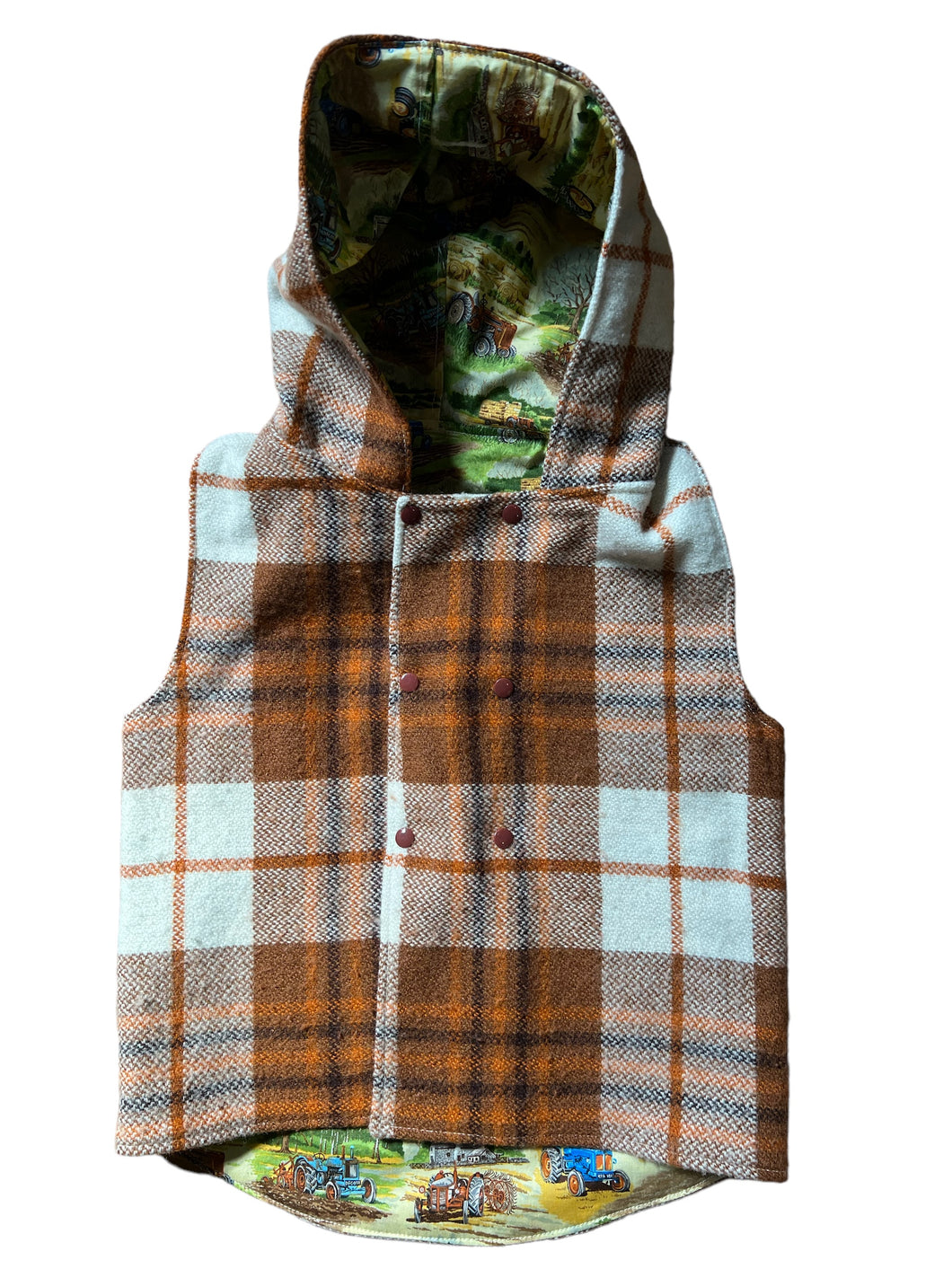 Brown Check 100% Wool Reversible Hooded Long Fronted Vest Country Tractors - Age 6