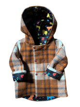 Load image into Gallery viewer, OOAK - Upcycled 100% Brown Check Reversible Hooded Coat Lined Safari Animals - Age 1
