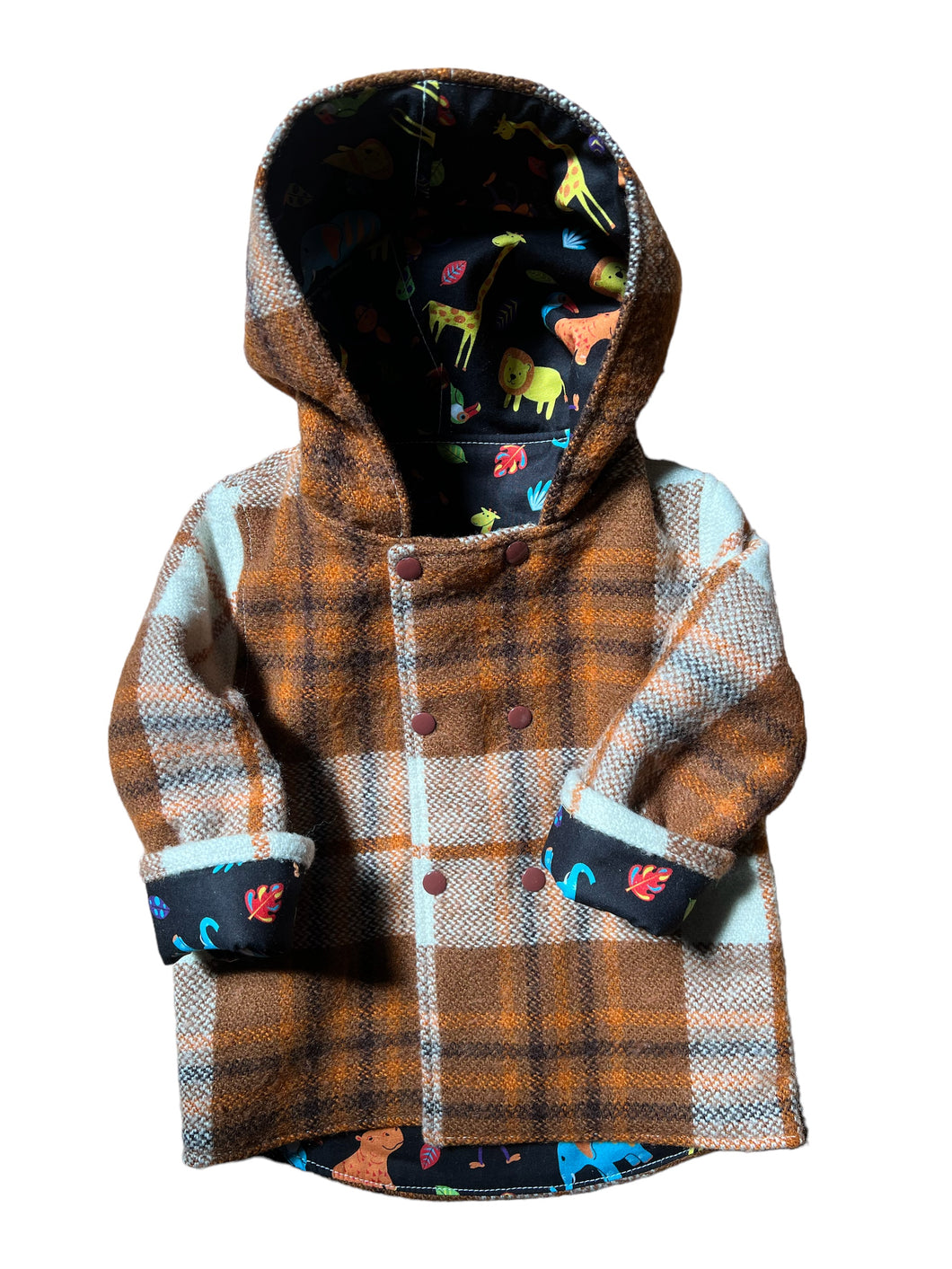 OOAK - Upcycled 100% Brown Check Reversible Hooded Coat Lined Safari Animals - Age 1