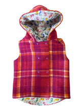 Load image into Gallery viewer, OOAK Hot Pink Check 100% Wool Reversible Hooded Long Fronted Vest Lined in Seahorses
