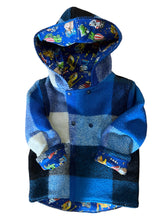 Load image into Gallery viewer, OOAK - Upcycled 100% Wool Blue &amp; Black Check Reversible Hooded Coat Lined Blue Construction - Age 2
