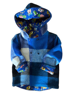 OOAK - Upcycled 100% Wool Blue & Black Check Reversible Hooded Coat Lined Blue Construction - Age 2