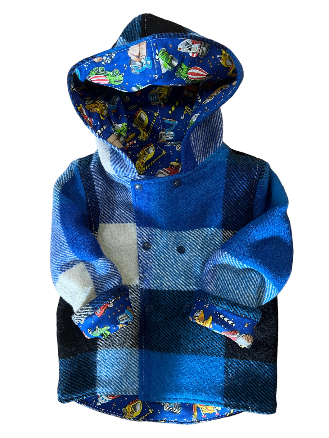 OOAK - Upcycled 100% Wool Blue & Black Check Reversible Hooded Coat Lined Blue Construction - Age 2