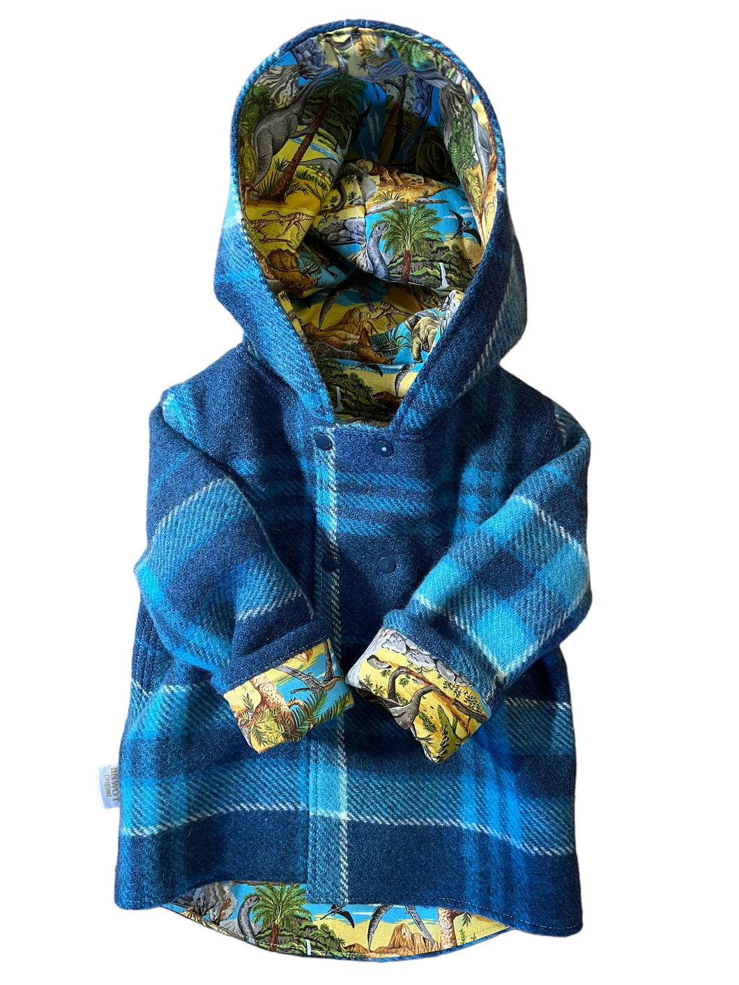 OOAK - Upcycled 100% Wool Blue & Black Check Reversible Hooded Coat Lined Dinosaur Scene - Age 2