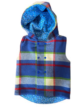 Load image into Gallery viewer, Blue Red &amp; Green Check 100% Wool Reversible Hooded Long Fronted Vest Lined Blue Multi - Age 4
