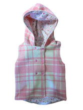 Load image into Gallery viewer, Pink Check 100% Wool Reversible Hooded Long Fronted Vest Lined in Pale Pink Floral
