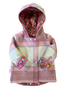 OOAK - Upcycled 100% Wool Pink Check Reversible Hooded Coat Lined Pink Owls - Age 2