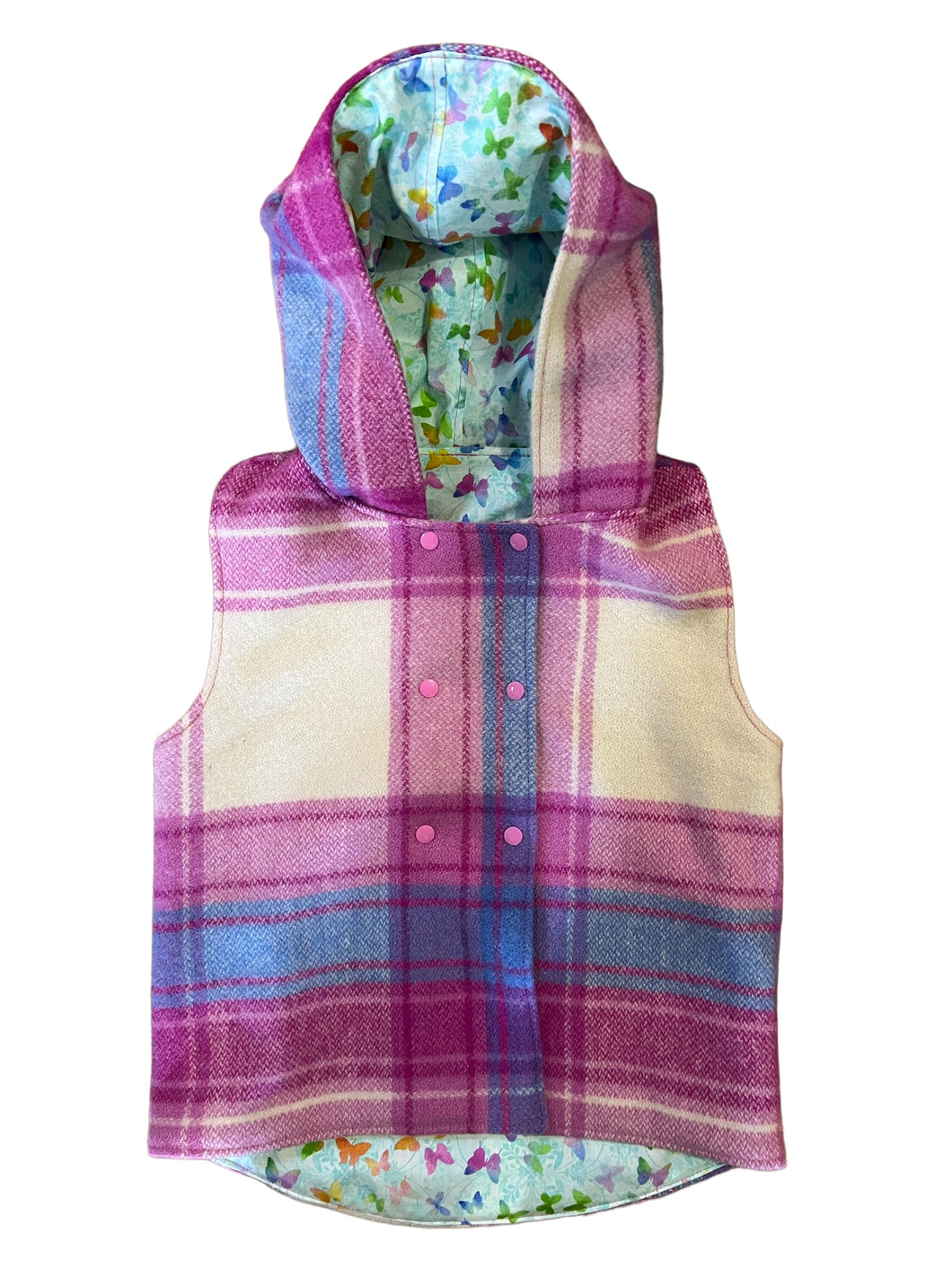 Hot Pink & Turquoise 100% Wool Reversible Hooded Long Fronted Vest Lined in Blue Butterflies - Age 6