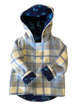 Load image into Gallery viewer, OOAK - Upcycled 100% Wool Blue Check Reversible Hooded Coat Lined Starships - Age 5
