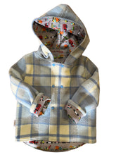 Load image into Gallery viewer, OOAK - Upcycled 100% Wool Blue Check Reversible Hooded Coat Lined Grey Vehicles - Age 4
