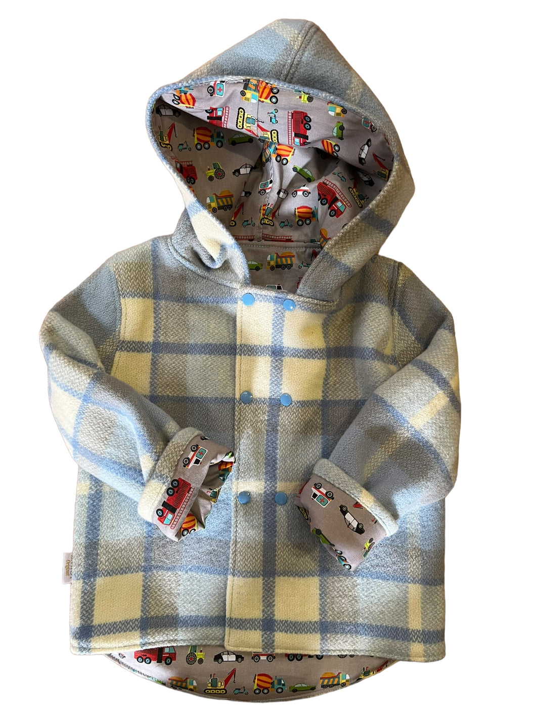 OOAK - Upcycled 100% Wool Blue Check Reversible Hooded Coat Lined Grey Vehicles - Age 4