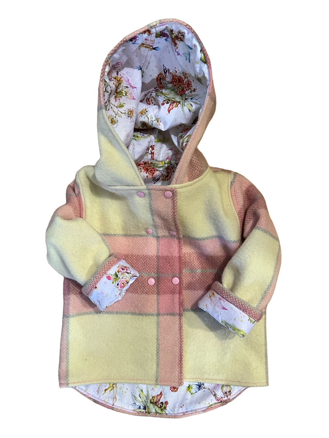 OOAK - Upcycled 100% Wool Pink Check Reversible Hooded Coat Lined Fairies - Age 3