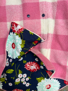 OOAK - Upcycled 100% Wool Pink Check Multi Check Reversible Hooded Coat Lined Navy Floral - Age 6