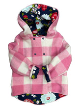 Load image into Gallery viewer, OOAK - Upcycled 100% Wool Pink Check Multi Check Reversible Hooded Coat Lined Navy Floral - Age 6
