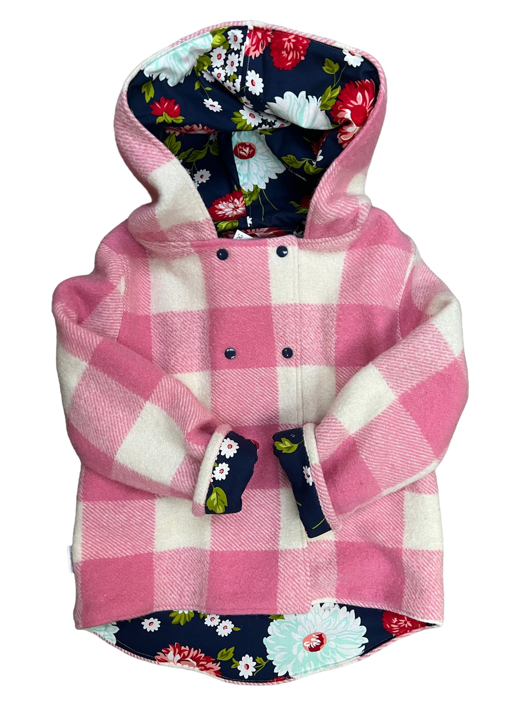 OOAK - Upcycled 100% Wool Pink Check Multi Check Reversible Hooded Coat Lined Navy Floral - Age 6