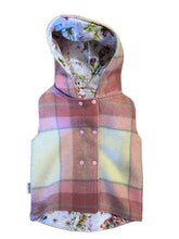 Load image into Gallery viewer, Pink Check 100% Wool Reversible Hooded Long Fronted Vest Lined in Fairies - Age 1
