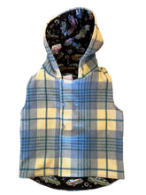 Load image into Gallery viewer, Blue Check 100% Wool Reversible Hooded Long Fronted Vest Lined in Black Classic Cars - Age 6
