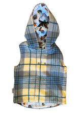 Load image into Gallery viewer, Blue Check 100% Wool Reversible Hooded Long Fronted Vest Lined in Animal Portraits - Age 2
