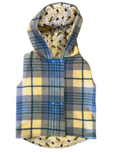 Load image into Gallery viewer, Blue Check 100% Wool Reversible Hooded Long Fronted Vest Lined in Snails &amp; Tortoise - Age 3
