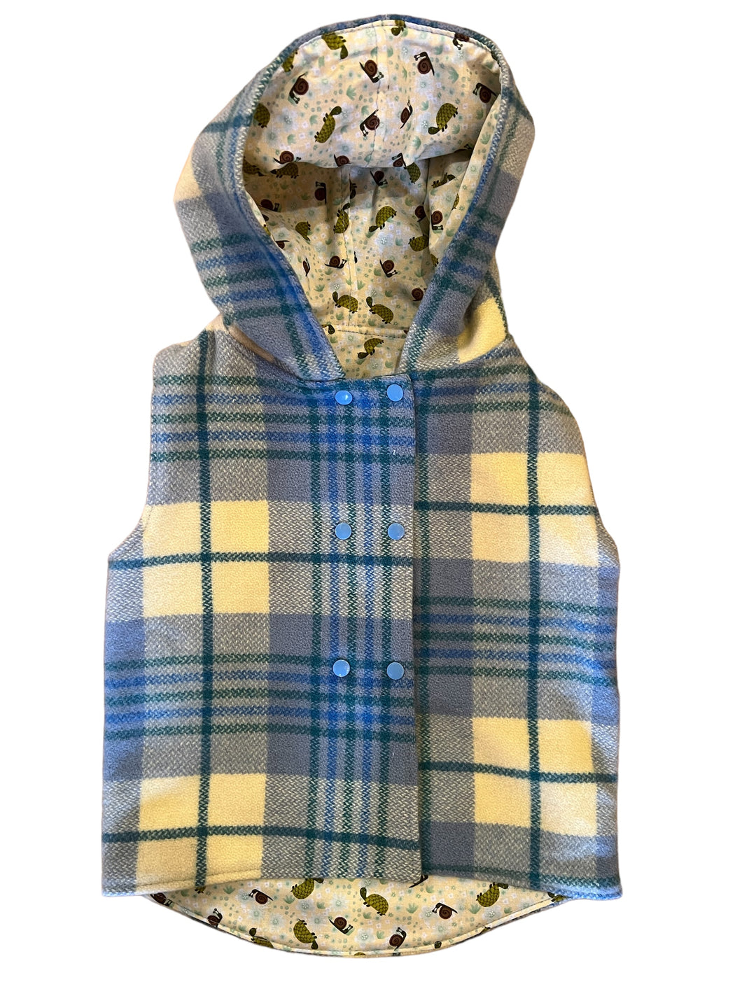 Blue Check 100% Wool Reversible Hooded Long Fronted Vest Lined in Snails & Tortoise - Age 3