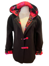 Load image into Gallery viewer, Ladies New 100% Wool Black Coat Lined 100% Cotton Embroidered Shawl Red
