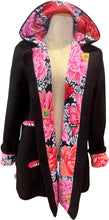 Load image into Gallery viewer, Ladies New 100% Wool Black Coat Lined Brocade Peony 100% Cotton - MADE TO ORDER
