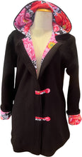 Load image into Gallery viewer, Ladies New 100% Wool Black Coat Lined Brocade Peony 100% Cotton - MADE TO ORDER
