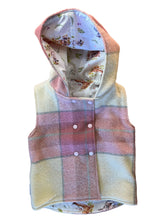 Load image into Gallery viewer, Pink Check 100% Wool Reversible Hooded Long Fronted Vest Lined in Baby Safari Animals - Age 1
