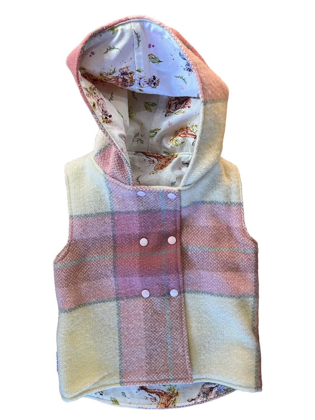 Pink Check 100% Wool Reversible Hooded Long Fronted Vest Lined in Baby Safari Animals - Age 1