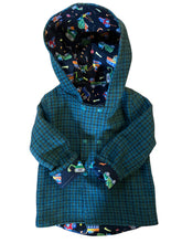 Load image into Gallery viewer, OOAK - Upcycled 100% Wool Blue &amp; Green Reversible Hooded Coat Lined Black Construction - Age 3
